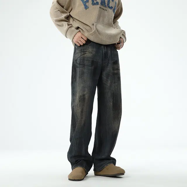 独驰 美式复古水洗裤子秋季潮牌宽松休闲直筒阔腿裤百搭牛仔裤 男女同款