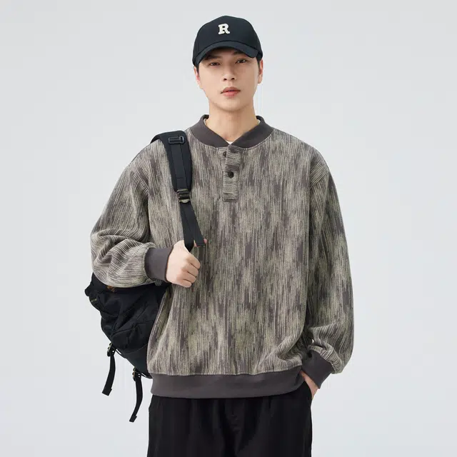 独驰 美式复古印花半开襟纽扣设计宽松男上衣亨利领卫衣 男女同款