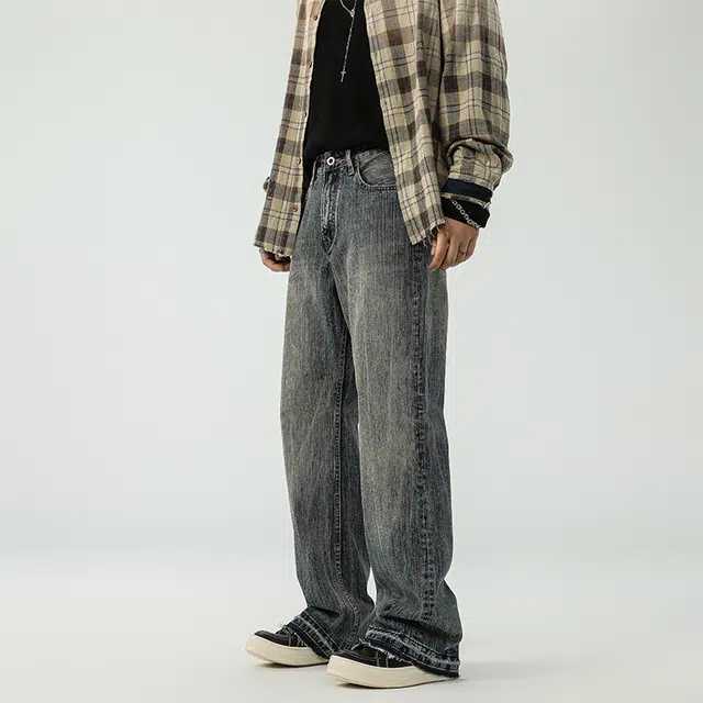 独驰 美式水洗做旧宽松阔腿弯刀长裤子秋季牛仔裤 男女同款