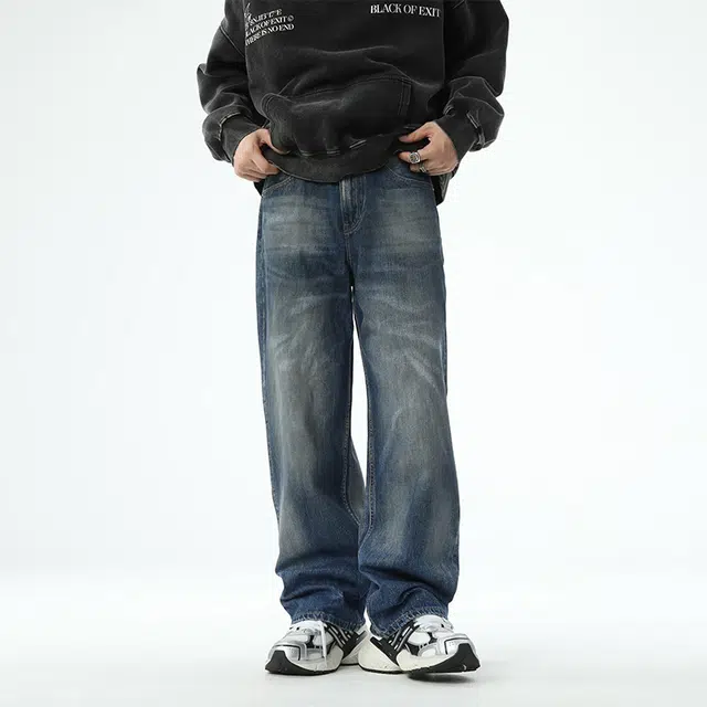 独驰 日系重磅做旧泼墨直筒长裤休闲宽松裤子牛仔裤 男女同款