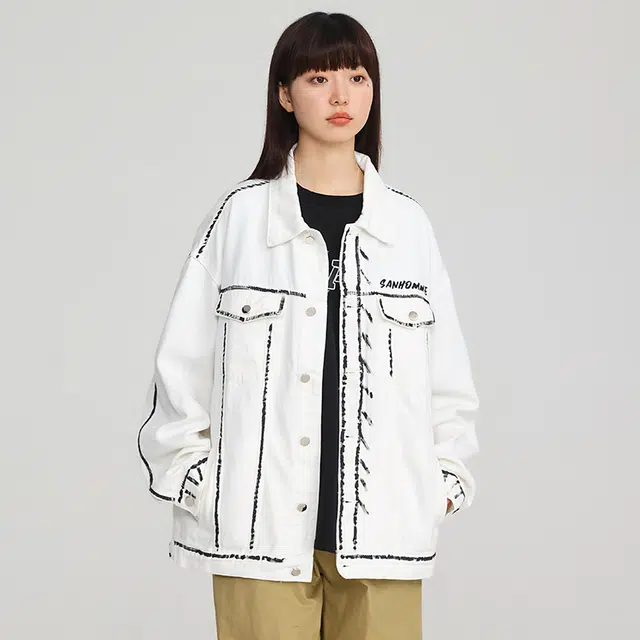 独驰 水洗美式复古情侣款字母刺绣潮牌牛仔外套 男女同款