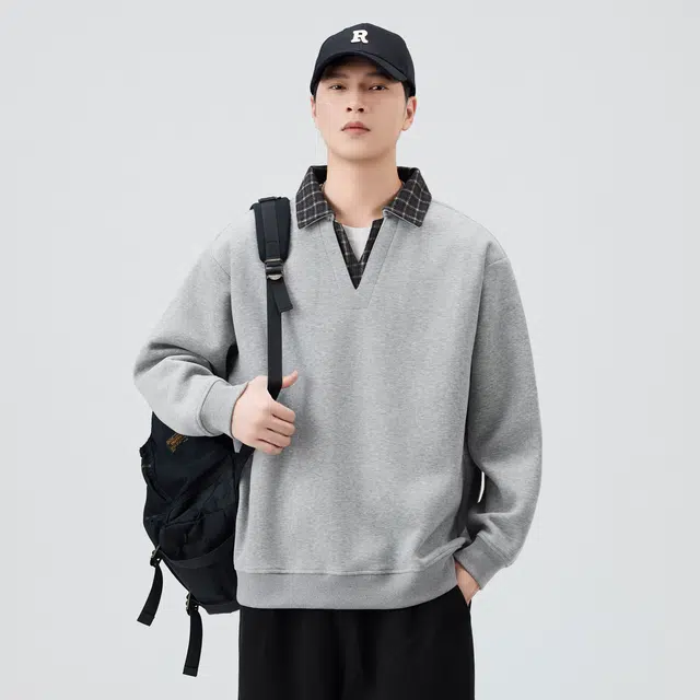 独驰 美式复古格纹内衬假两件潮流宽松休闲男上衣卫衣 男女同款