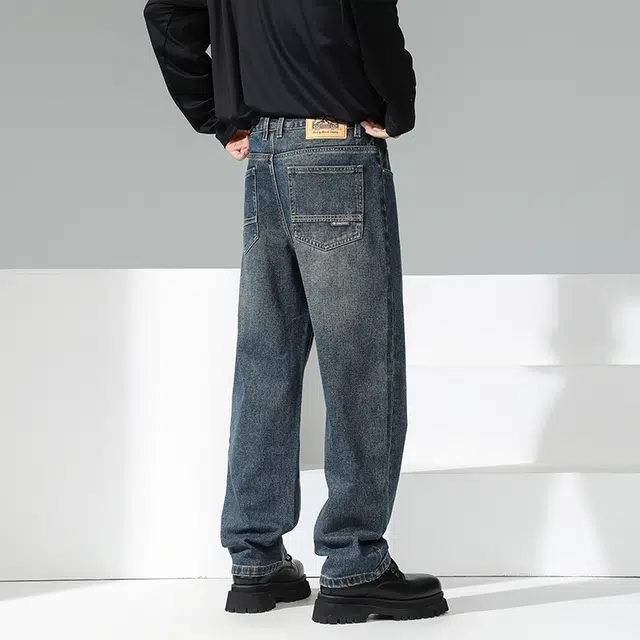独驰 美式复古潮流休闲宽松阔腿直筒牛仔裤 男女同款
