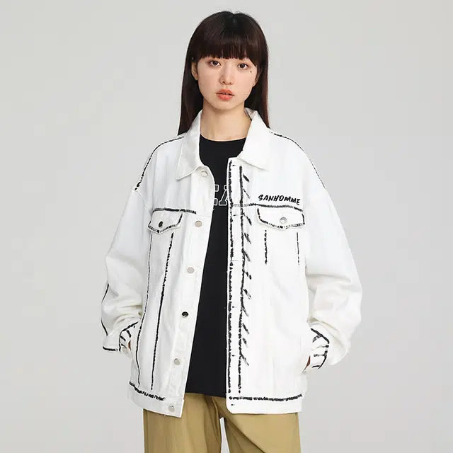 独驰 水洗美式复古情侣款字母刺绣潮牌牛仔外套 男女同款