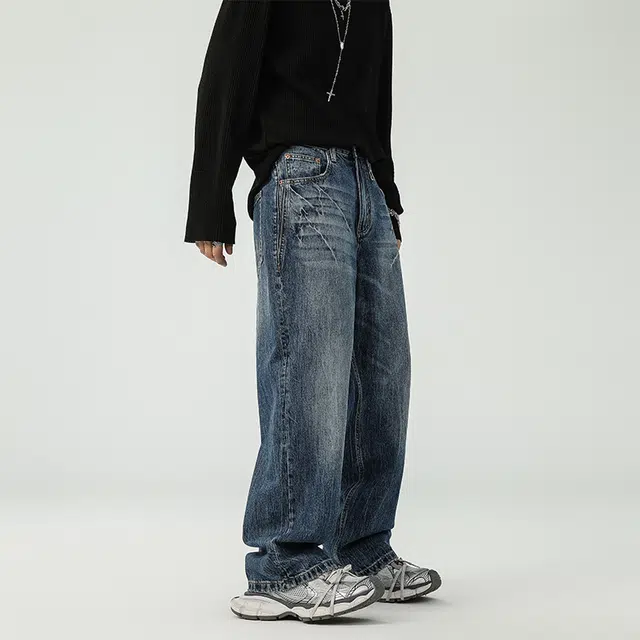 独驰 秋季宽松重磅水洗做旧复古休闲阔腿直筒裤牛仔裤 男女同款