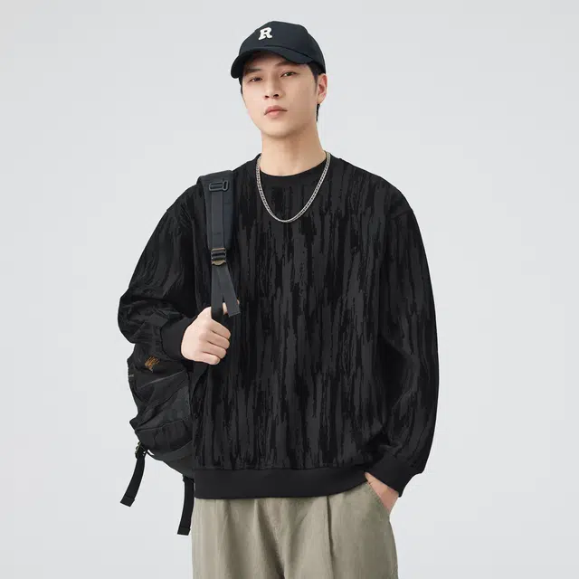 独驰 美式复古潮流圆领水波纹设计宽松休闲男上衣卫衣 男女同款
