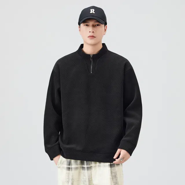 独驰 美式重磅潮流半拉链纹理感设计宽松休闲男上衣卫衣 男女同款