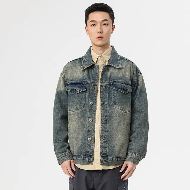 独驰 美式复古做旧渐变水机潮牌牛仔外套 男女同款