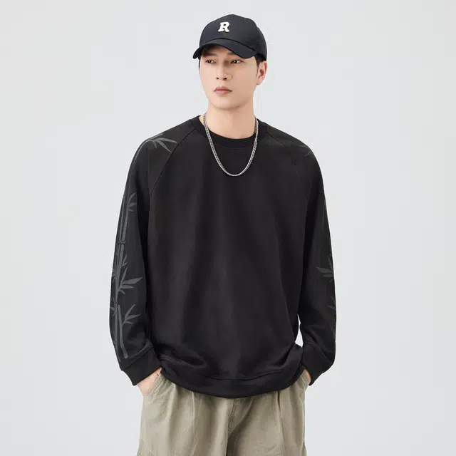 独驰 美式复古重磅宽松竹叶印花休闲男上衣卫衣 男女同款