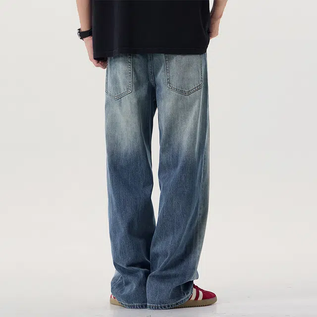 独驰 男款春秋季水洗做旧阔腿裤高街直筒休闲长裤牛仔裤 男女同款