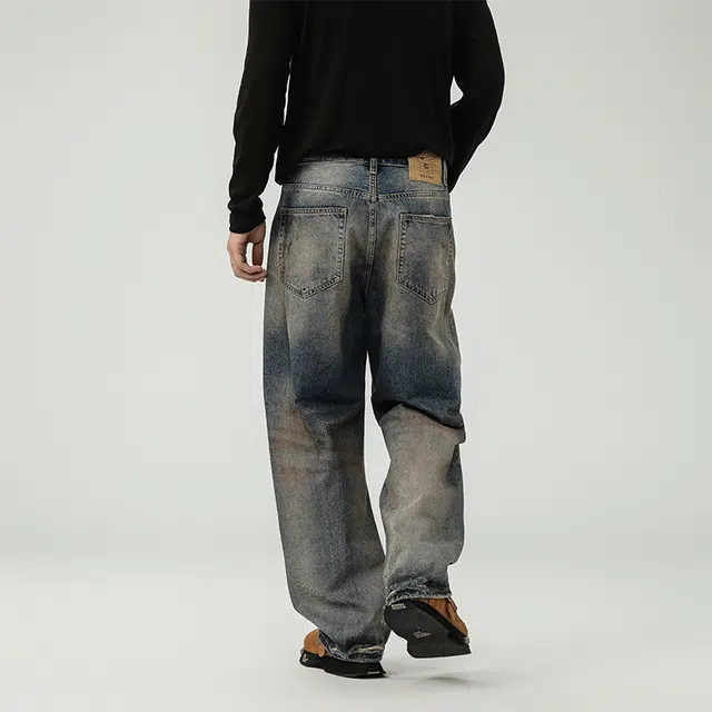 独驰 设计感磨破破洞水洗男街头美式复古宽松直筒痞帅扎染裤子牛仔裤 男女同款