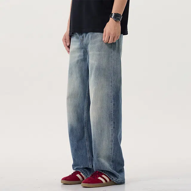 独驰 男款春秋季水洗做旧阔腿裤高街直筒休闲长裤牛仔裤 男女同款
