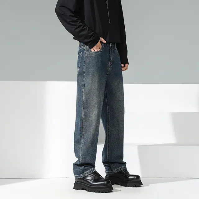 独驰 美式复古潮流休闲宽松阔腿直筒牛仔裤 男女同款