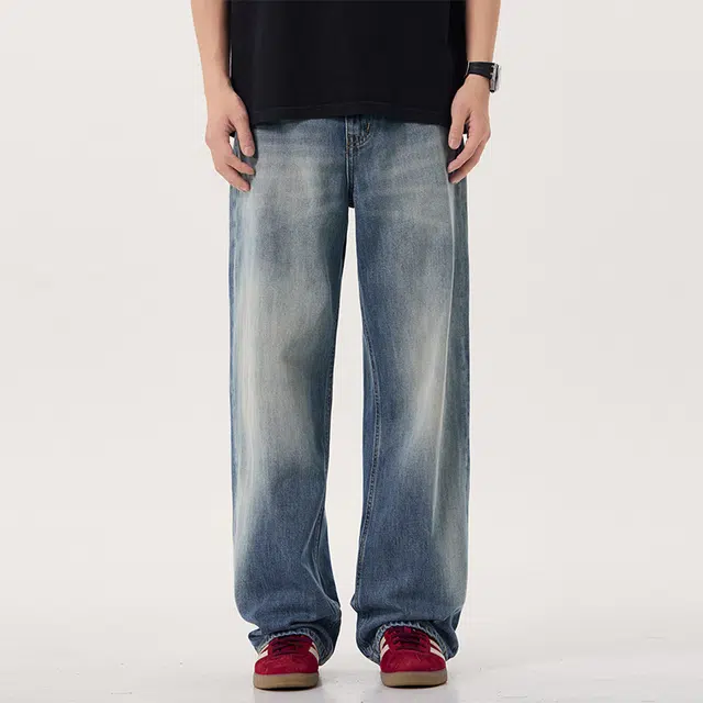独驰 男款春秋季水洗做旧阔腿裤高街直筒休闲长裤牛仔裤 男女同款