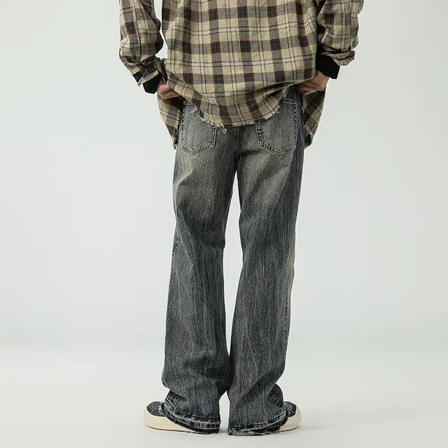 独驰 美式水洗做旧宽松阔腿弯刀长裤子秋季牛仔裤 男女同款