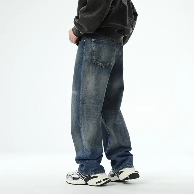 独驰 日系重磅做旧泼墨直筒长裤休闲宽松裤子牛仔裤 男女同款
