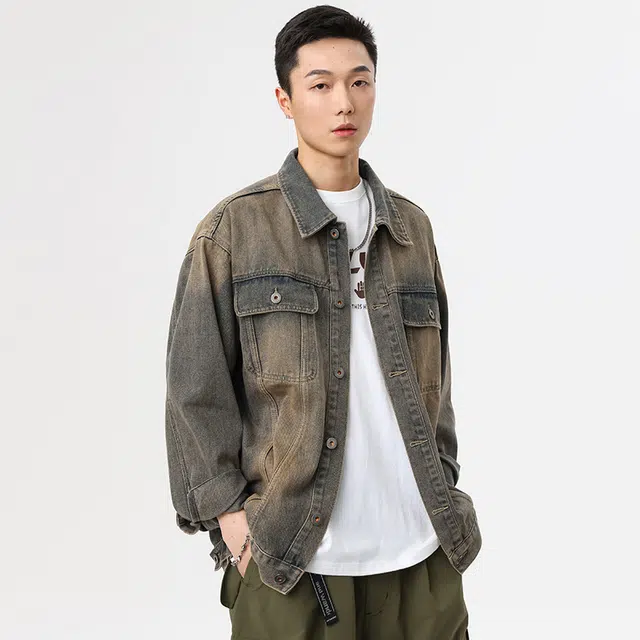 独驰 春秋美式复古做旧重工水洗潮牌牛仔外套 男女同款
