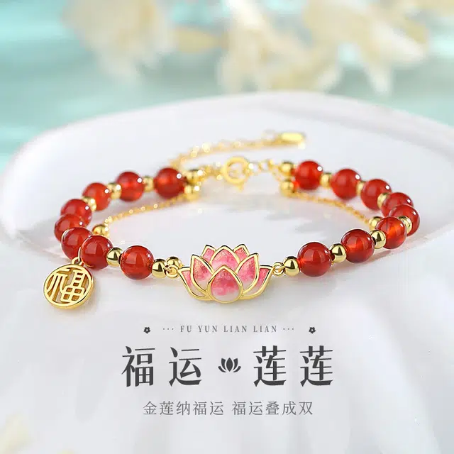 童画 福运莲莲 新中式国潮福牌平安喜乐 轻奢小众显气质 简约百搭#好运 玛瑙 手链 女款