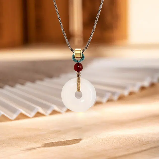 深祥霖 气质玉石平安扣 转运珠文玩新中式国风本命年编织绳锁骨链 平安如意汉服民族风宫廷日常通勤百搭 玉髓 项链 男女同款情侣款