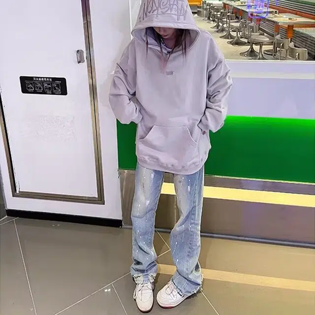 鹿向南 美式街头百搭泼墨阔腿裤休闲时尚宽松牛仔裤 男女同款 蓝色