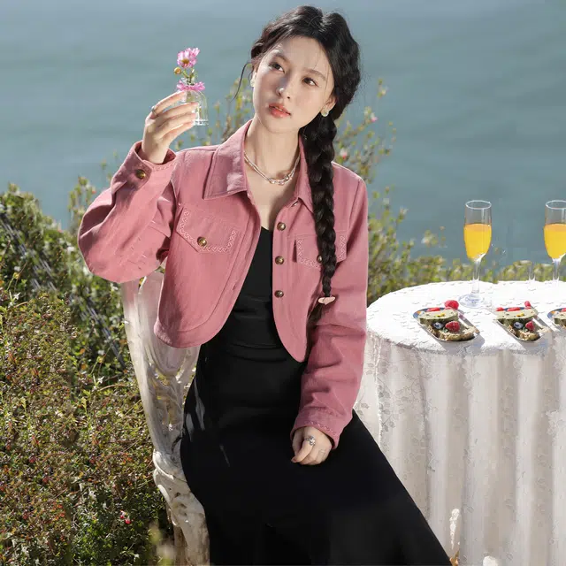鹿向南 陷进温柔系列 时尚休闲百搭牛仔上衣学院风甜美淑女截短外套 女款