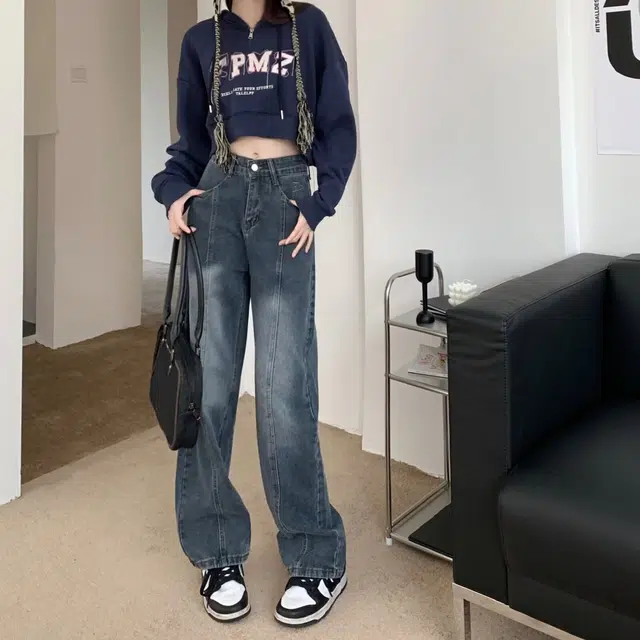 鹿向南 复古潮流美式做旧直筒高街牛仔裤 女款 蓝灰色