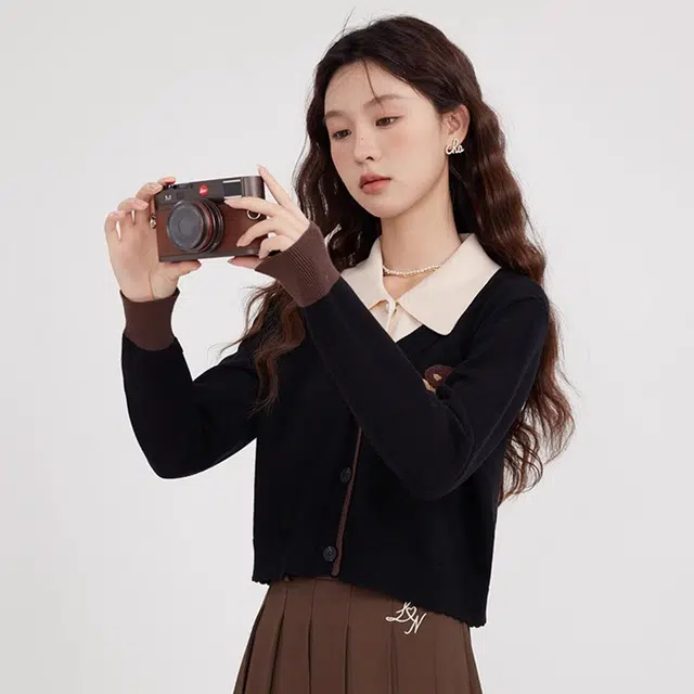 鹿向南 学院风翻领气质时尚毛衣 女款 黑色