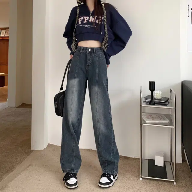 鹿向南 复古潮流美式做旧直筒高街牛仔裤 女款 蓝灰色