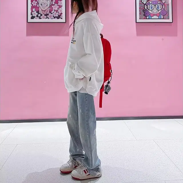 鹿向南 美式街头百搭泼墨阔腿裤休闲时尚宽松牛仔裤 男女同款 蓝色