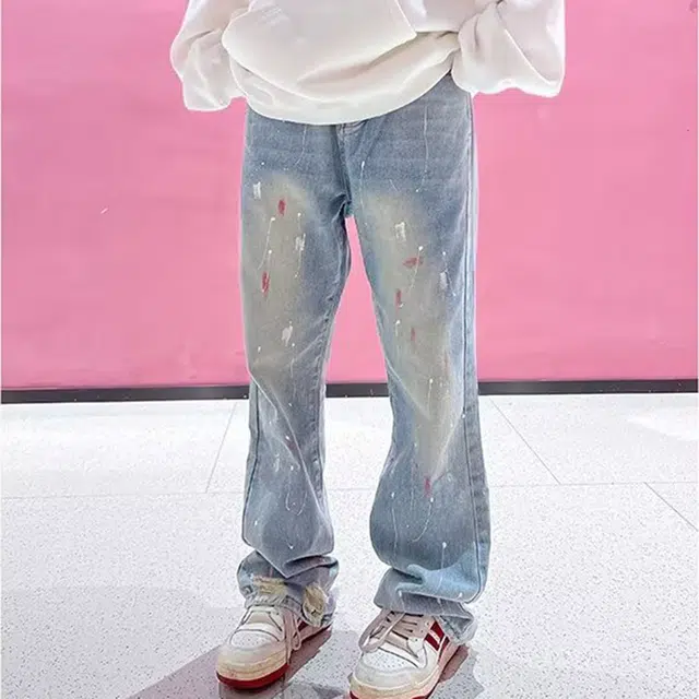 鹿向南 美式街头百搭泼墨阔腿裤休闲时尚宽松牛仔裤 男女同款 蓝色