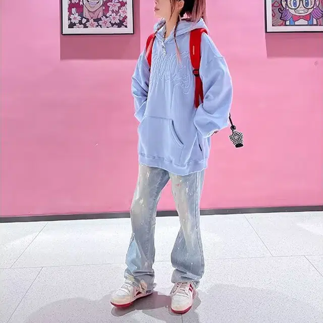 鹿向南 美式街头百搭泼墨阔腿裤休闲时尚宽松牛仔裤 男女同款 蓝色