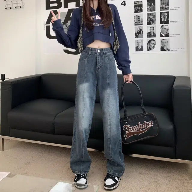 鹿向南 复古潮流美式做旧直筒高街牛仔裤 女款 蓝灰色