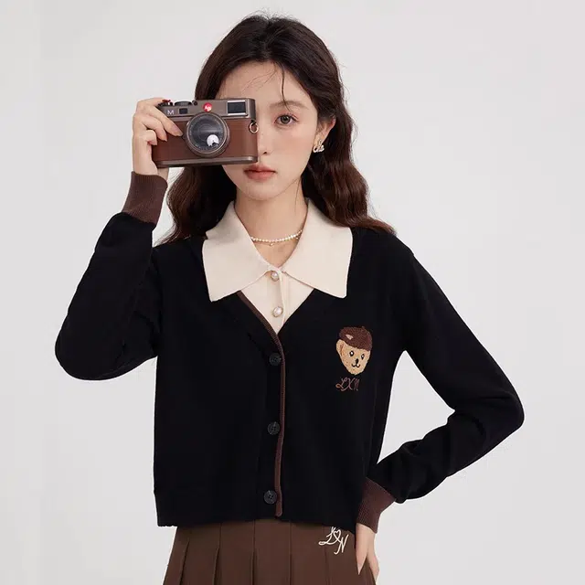 鹿向南 学院风翻领气质时尚毛衣 女款 黑色