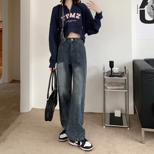 鹿向南 复古潮流美式做旧直筒高街牛仔裤 女款 蓝灰色