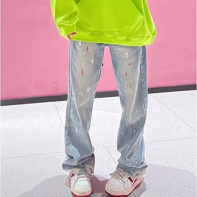 鹿向南 美式街头百搭泼墨阔腿裤休闲时尚宽松牛仔裤 男女同款 蓝色