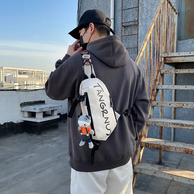 凡思曼 运动简约休闲日系时尚街头拉链开合 尼龙布 单肩包 常规 男女同款情侣款 黑/白