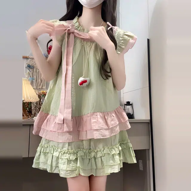 依钗 森系小众甜美风绑带蝴蝶结裙装套装 女款
