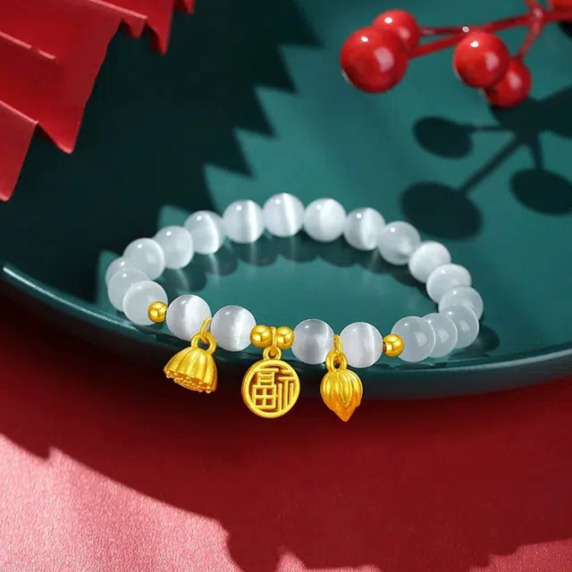 贝戈丽丝 新中式招财福牌猫眼石珠串 简约小众福运莲莲转运珠手饰 文艺复古风 日常佩戴百搭#好运 足金 一口价 黄金手串 女款