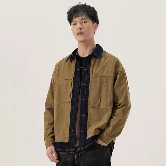 赞仕 不掉色撞色牛仔拼接水洗设计胸前口袋长袖衬衫 男款