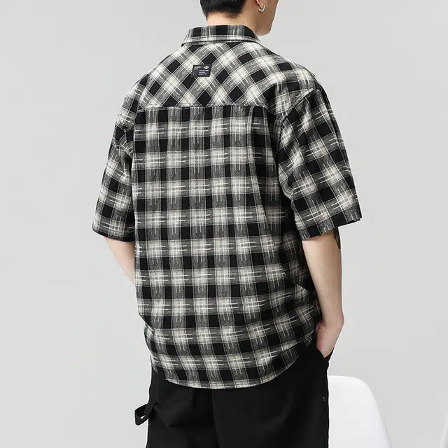赞仕 日系复古格纹百搭撞色休闲纯棉短袖衬衫 男款