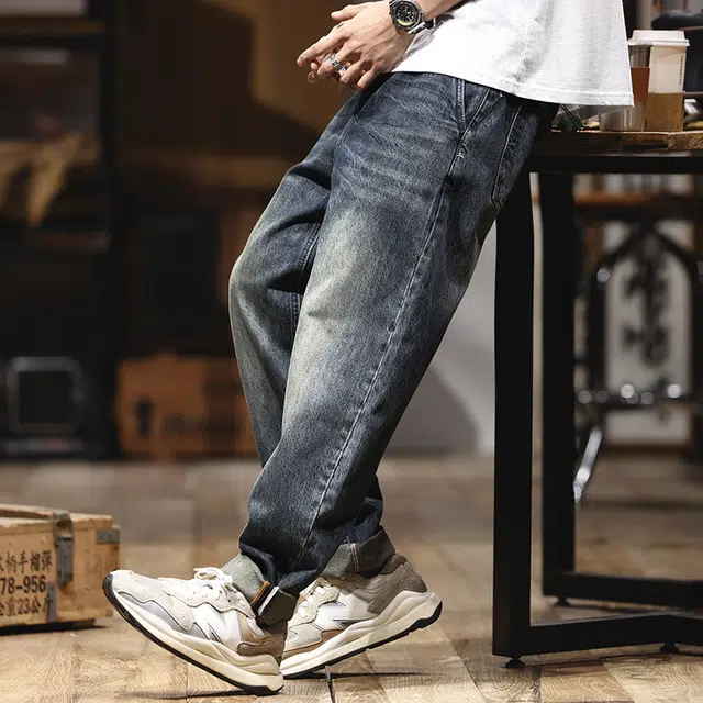 赞仕 水洗复古做旧直筒宽松牛仔裤 男款 蓝色