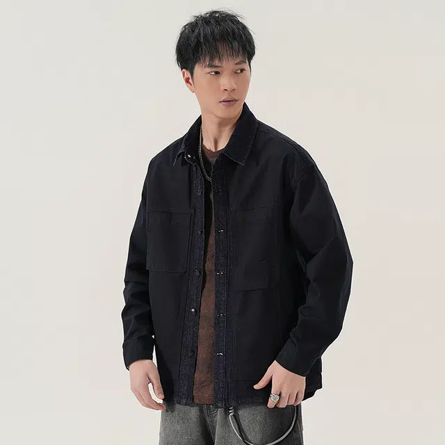 赞仕 不掉色撞色牛仔拼接水洗设计胸前口袋长袖衬衫 男款