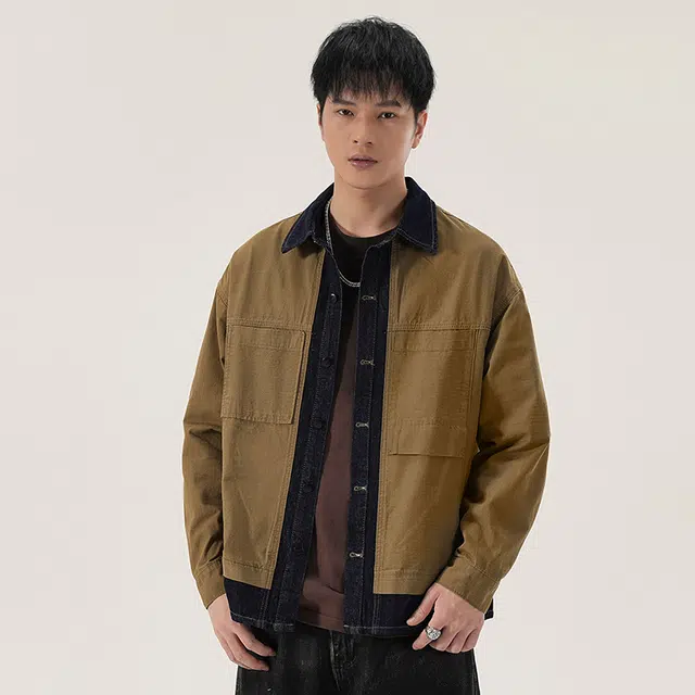 赞仕 不掉色撞色牛仔拼接水洗设计胸前口袋长袖衬衫 男款