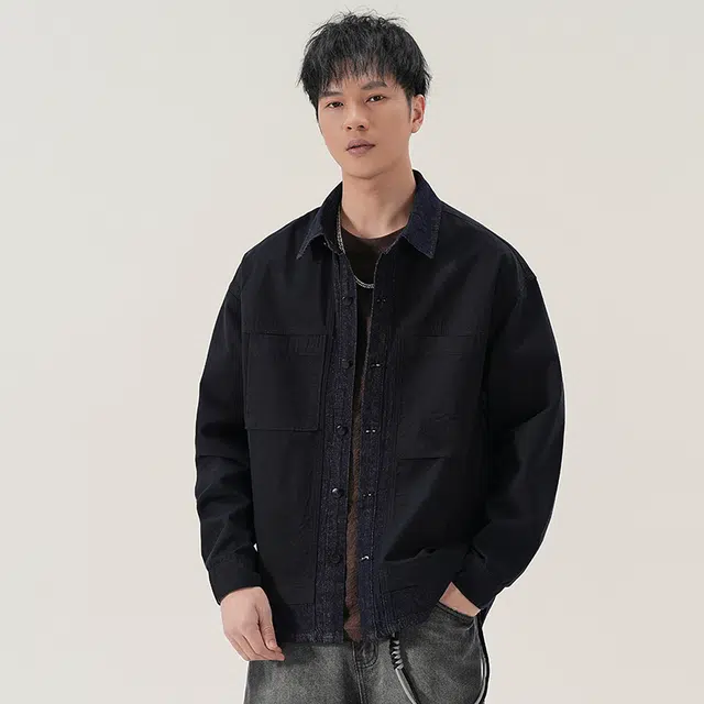赞仕 不掉色撞色牛仔拼接水洗设计胸前口袋长袖衬衫 男款