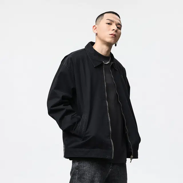 赞仕 美式复古纯色拉链高级感小众潮流飞行员夹克外套 男女同款 黑色