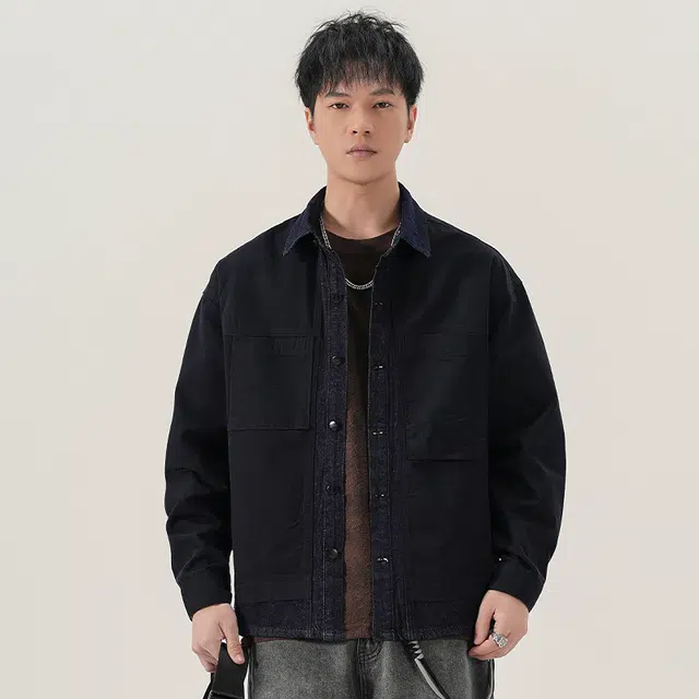赞仕 不掉色撞色牛仔拼接水洗设计胸前口袋长袖衬衫 男款