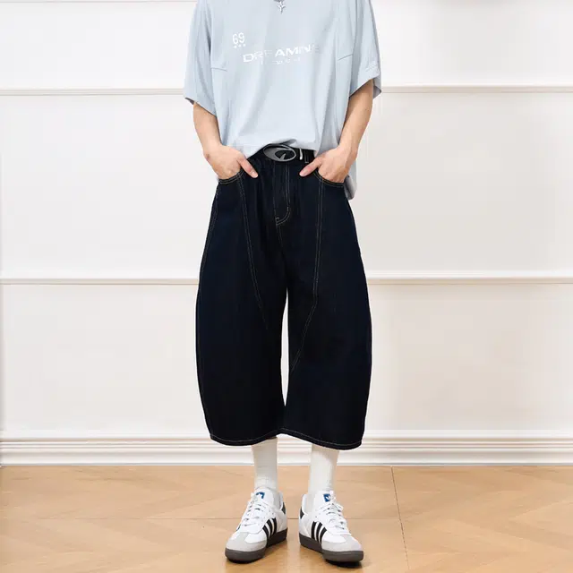赞仕 美式复古弯刀七分牛仔短裤 男女同款