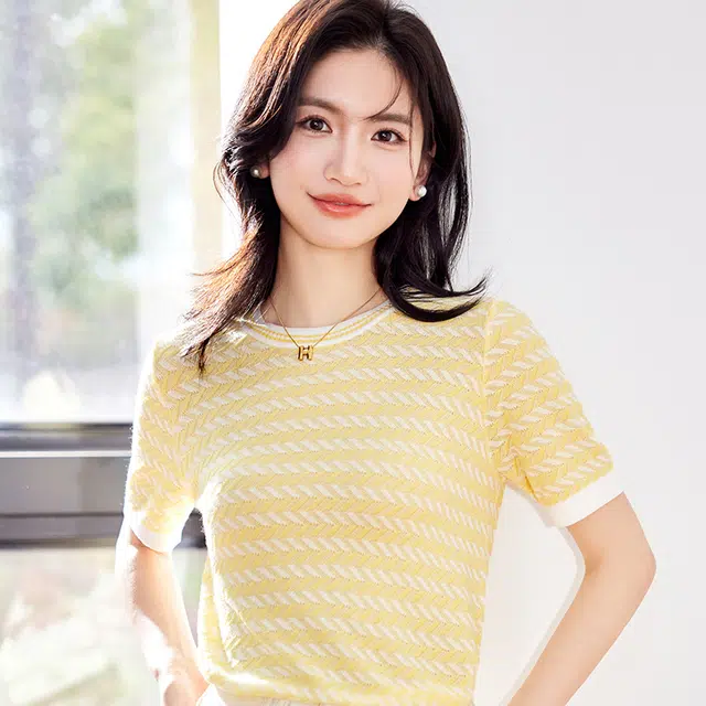 浪莎 小香风短款轻薄冰丝清爽透气条纹纯色套头圆领修身短袖针织衫 女款 黄色