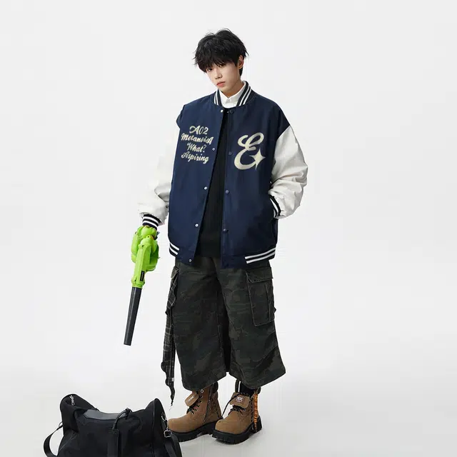 a02 Vintage Logo Flocked Baseball Jacket