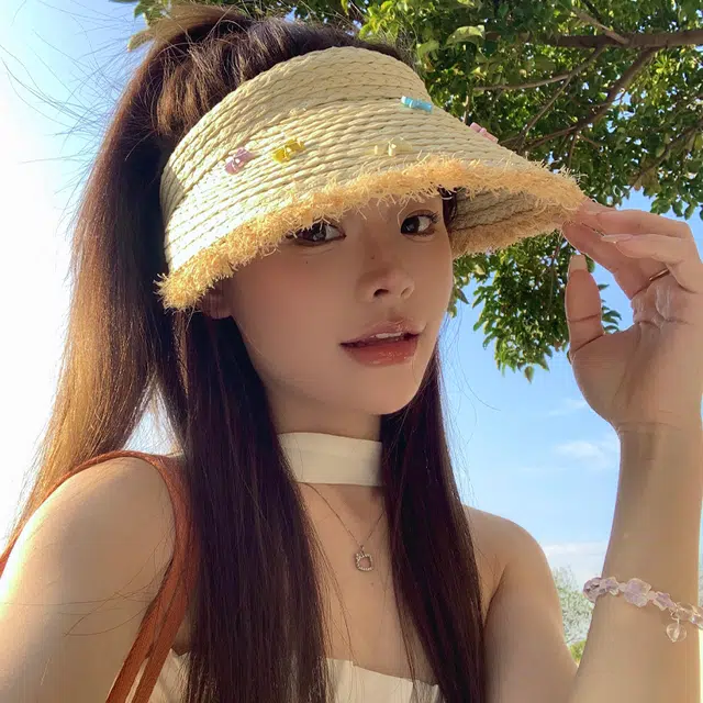 杨同学 蝴蝶结空顶草帽 纸草 防晒帽 女款